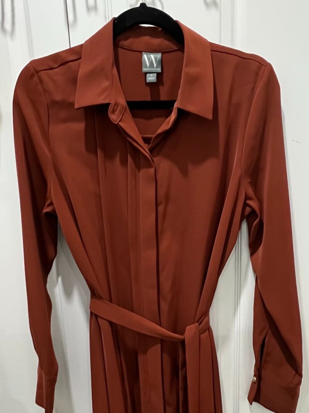 Worthington Satin Shirt Dress Rust Brown Belted Midi Size Small